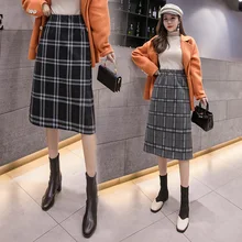 Клетчатая Женская юбка, эластичные юбки с высокой талией, Женская Корейская прямая юбка, женские повседневные модные юбки, осенне-зимняя юбка
