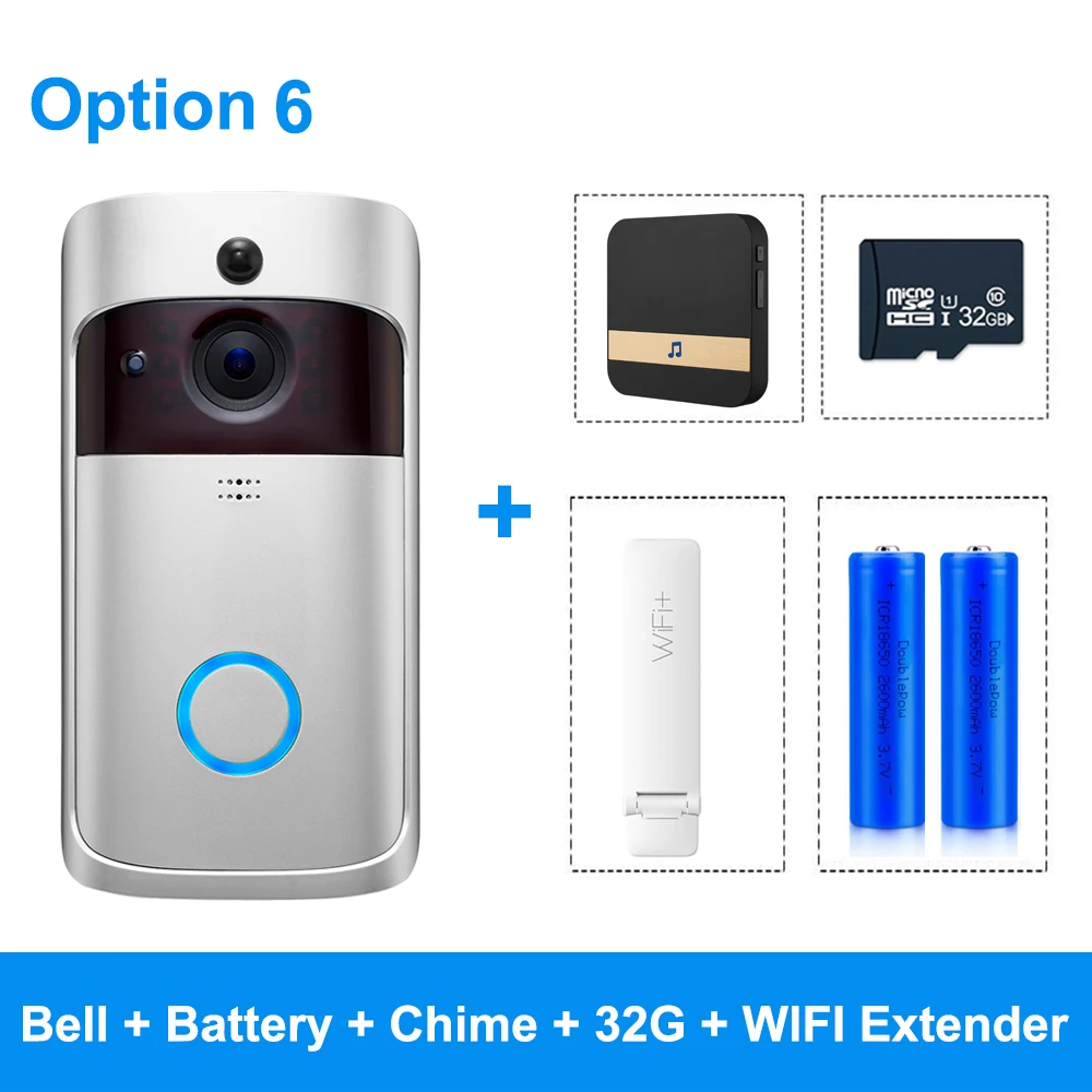 Option 6 Смарт-видео, дверной звонок Беспроводная камера Wi-Fi для дверного звонка 720P Домашняя безопасность ip-интерком дверь телефон с питанием от аккумулятора PIR сигнализация облако - Цвет: Option 6