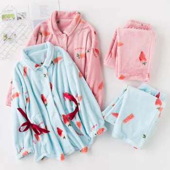 

Winter Pajamas For Women Carrot Print 2 Pieces Pajamas Set Warm Thicken Flannel Sleepwear Pink Long Sleeve Caual Female Homewear
