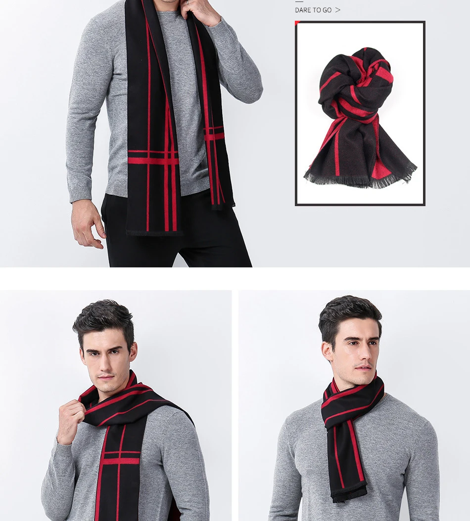 2022 Classic Business Leisure Black Red Stripe Men Scarf Winter Cashmere Warm Wool Grey Brown Navy Blue Scarfs For Father mens red scarf