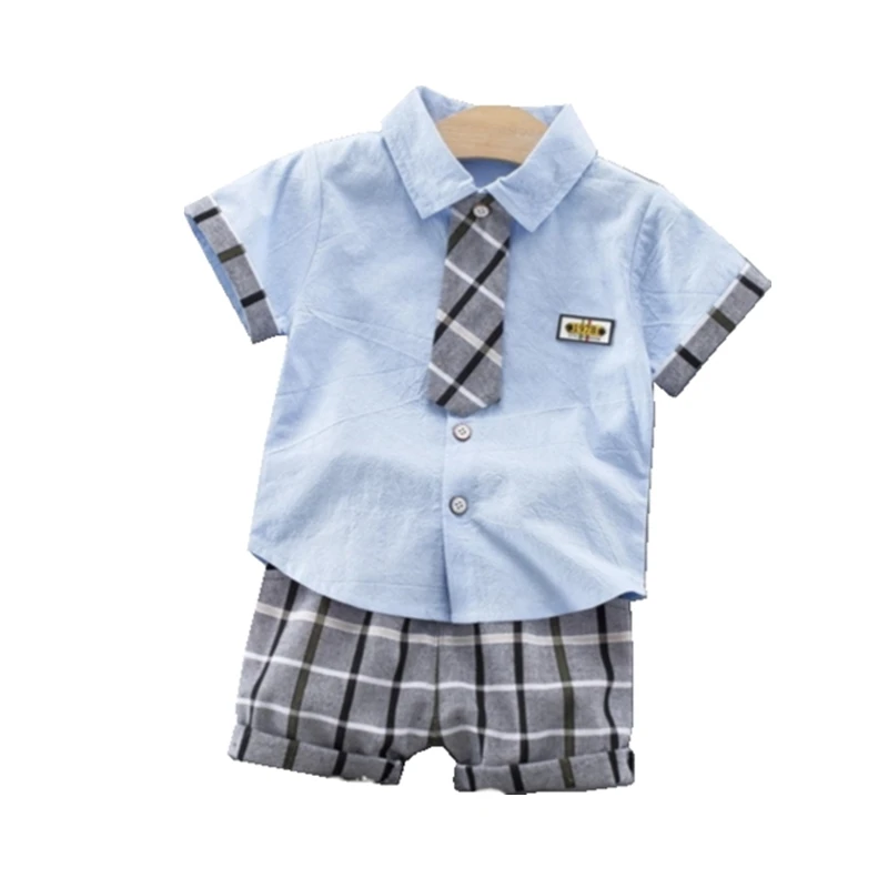 Kids Fashion Clothing Summer Children Boys Grils Cotton Clothes 2020 Plaid Tie Shirt Pants 2Pcs/Sets Toddler Gentleman Tracksuit | Мать и