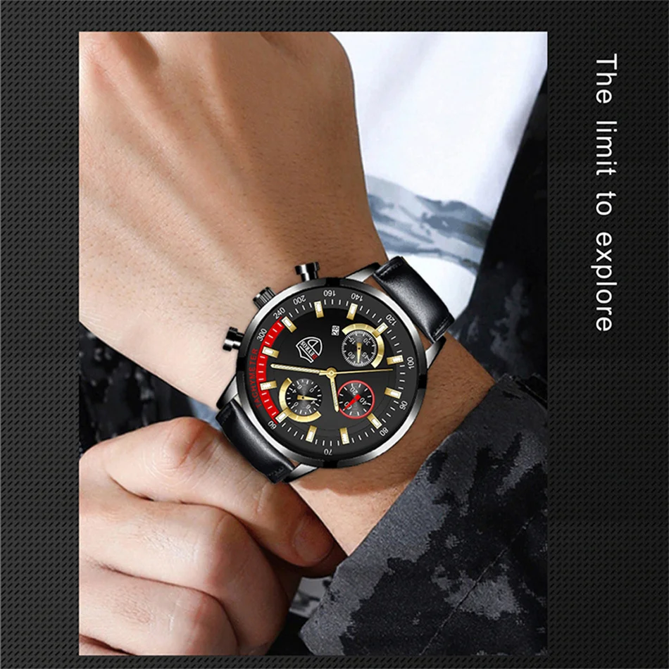 Luxury Mens Leather Watches Stainless Steel Fashion Calendar Quartz Wrist Watch Leather Bracelet Male Business Luminous Clock