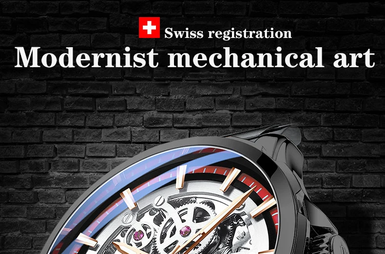 AILANG Herren Retro-Sportuhr mit großem Zifferblatt, Tourbillon-Hohldesign, wasserdicht, automatische mechanische Uhr, Metallarmband – Detail 1