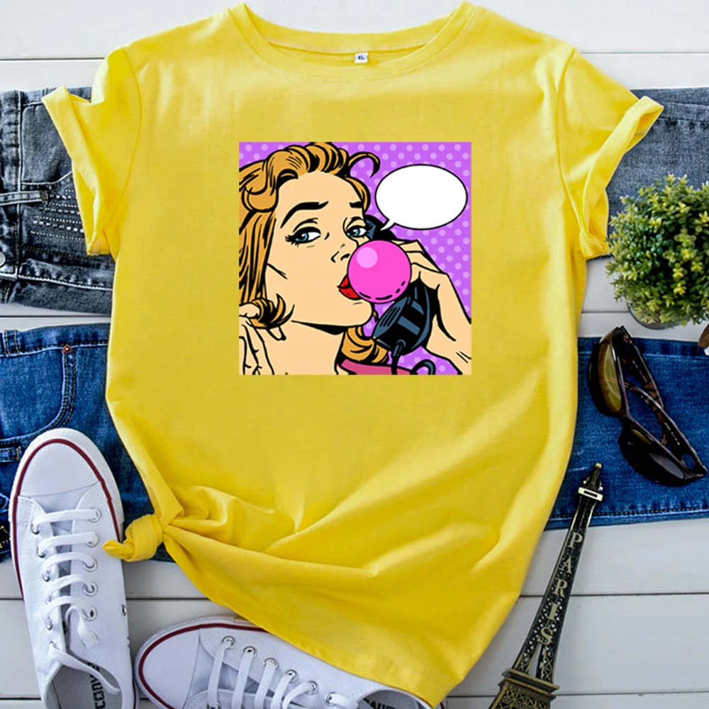 T Shirt Woman Bubblegum Girl Phone Pop Style Printing Clothing Funny Vintage Women Tee Shirts Casual Fashion Women'S Tshirts
