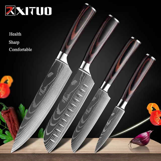 XITUO Chef knife 1-10 Pcs Set Kitchen Knives Laser Damascus Pattern Sharp Japanese Santoku Knife Cleaver Slicing Utility Knife 4 PCS Value set 03