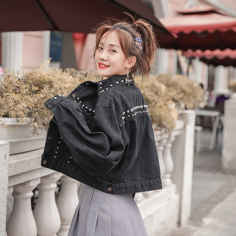 

Photo Shoot-2019 Popular Coat Women's Spring New Style Beads Black And White with Pattern Loose-Fit Fashionable Jeans Coat Short