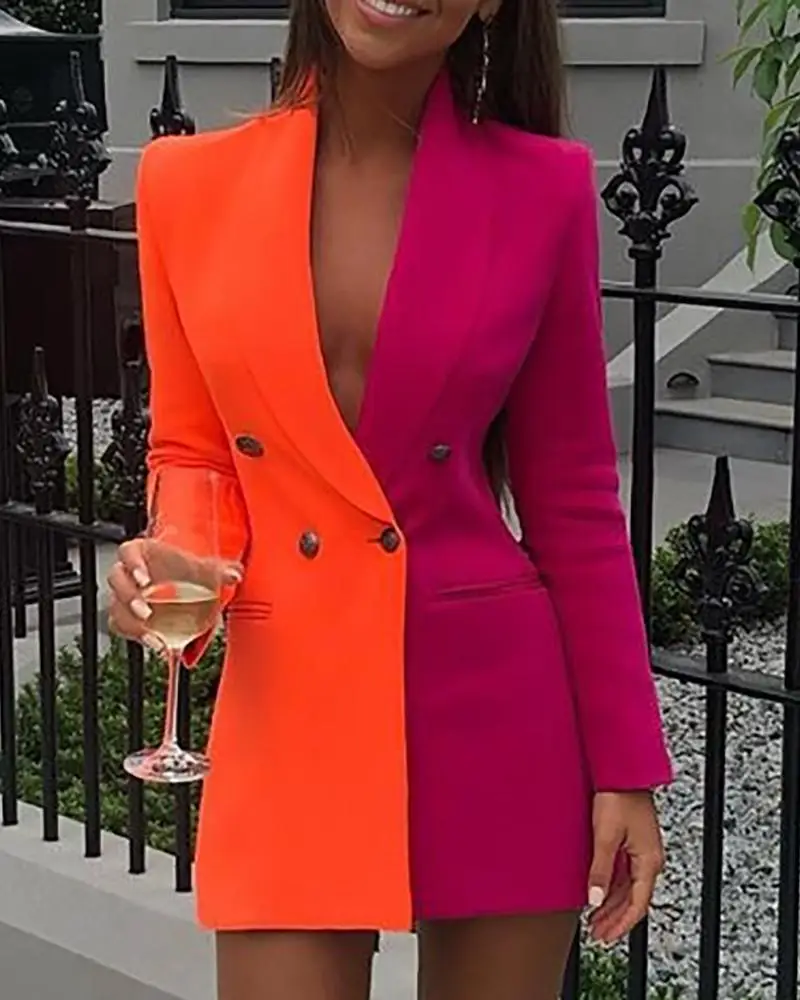 Colorblock Patchwork Long Sleeve Blazer Dress Women Sexy Deep V Neck Button Design Casual Mini Workwear | Женская одежда