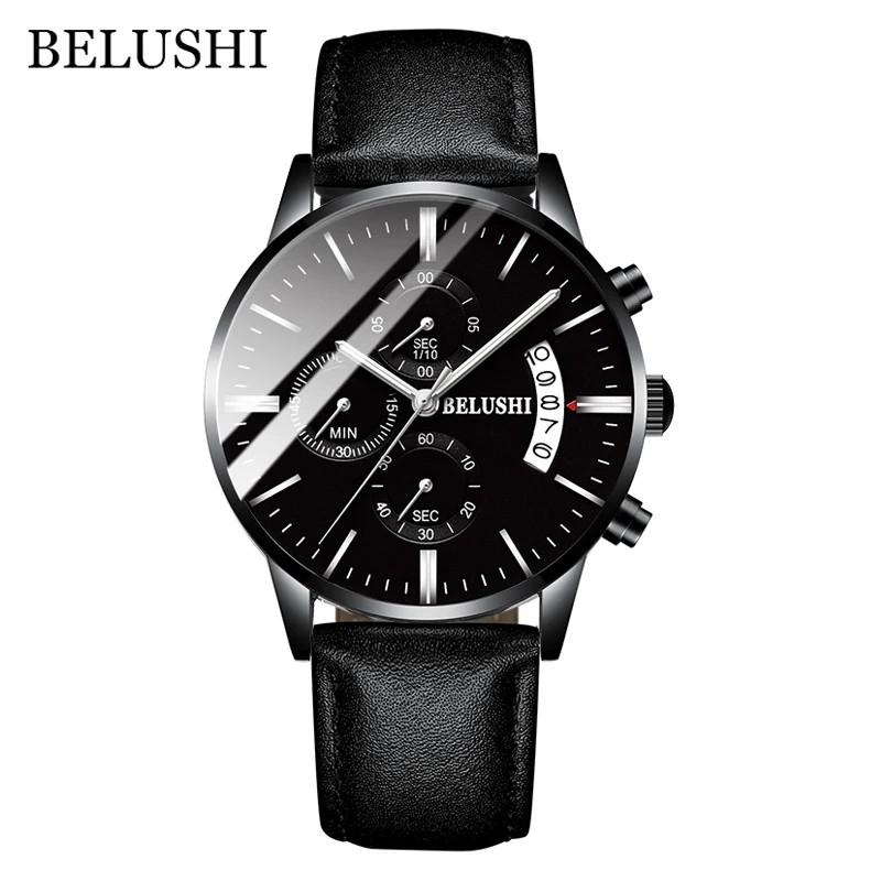 Leather Black Silver Мужские часы от роскошного бренда BELUSHI, высококачественные мужские деловые повседневные часы, мужские водонепроницаемые спортивные кварцевые наручные часы relogio masculino - Цвет: Leather Black Silver