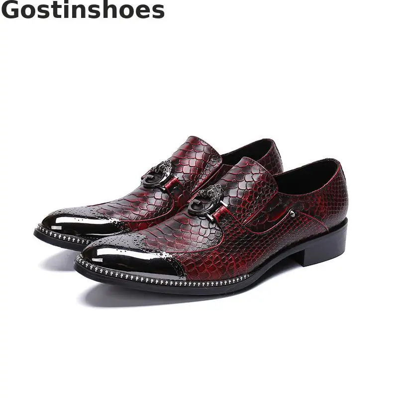

Mens Leather Shoes Snakeskin Printed Genuine Leather Shoes Men Set Foot Pointed Metal Cap Toe Mens Casual Business Shoes Brown