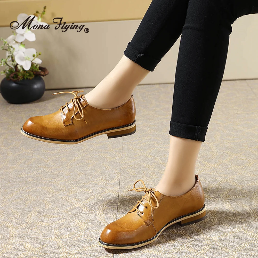 Mona Flying Women Genuine Leather Solid Oxfords Saddle Derby Handmade Comfort Flats Lace up Shoes for Work Office Ladies FLX20-1