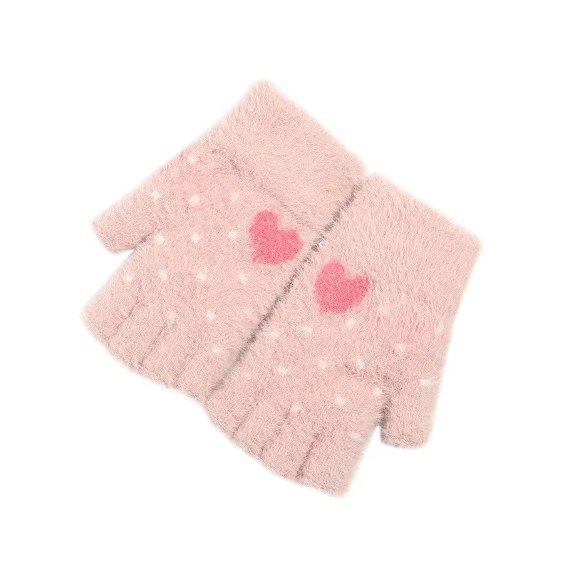 Half Pink Fashion Love Heart Gloves For Men Full Finger Knitted Gloves Winter Warm Women Half Finger Mittens - Цвет: Half Pink