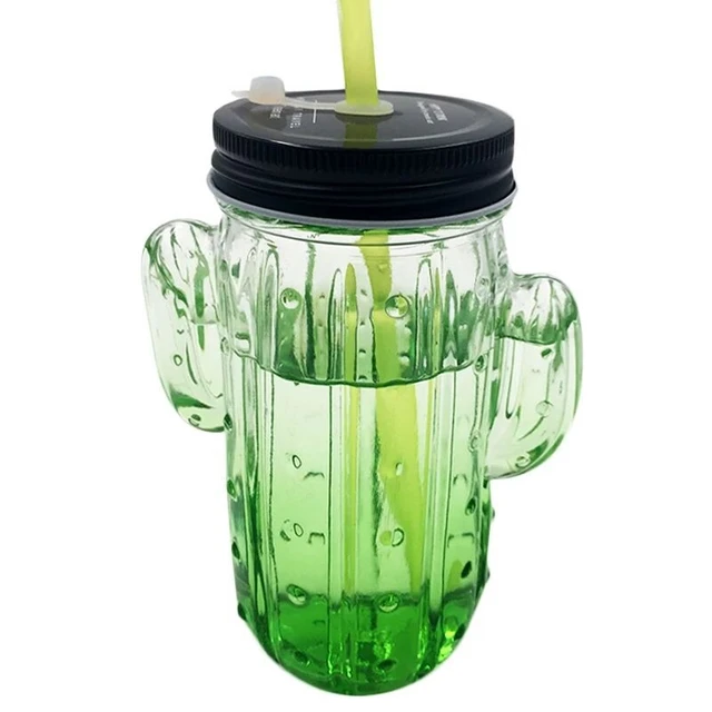 1pc Creative Cactus Shaped Glass Cup With Lid And Straw For Cold