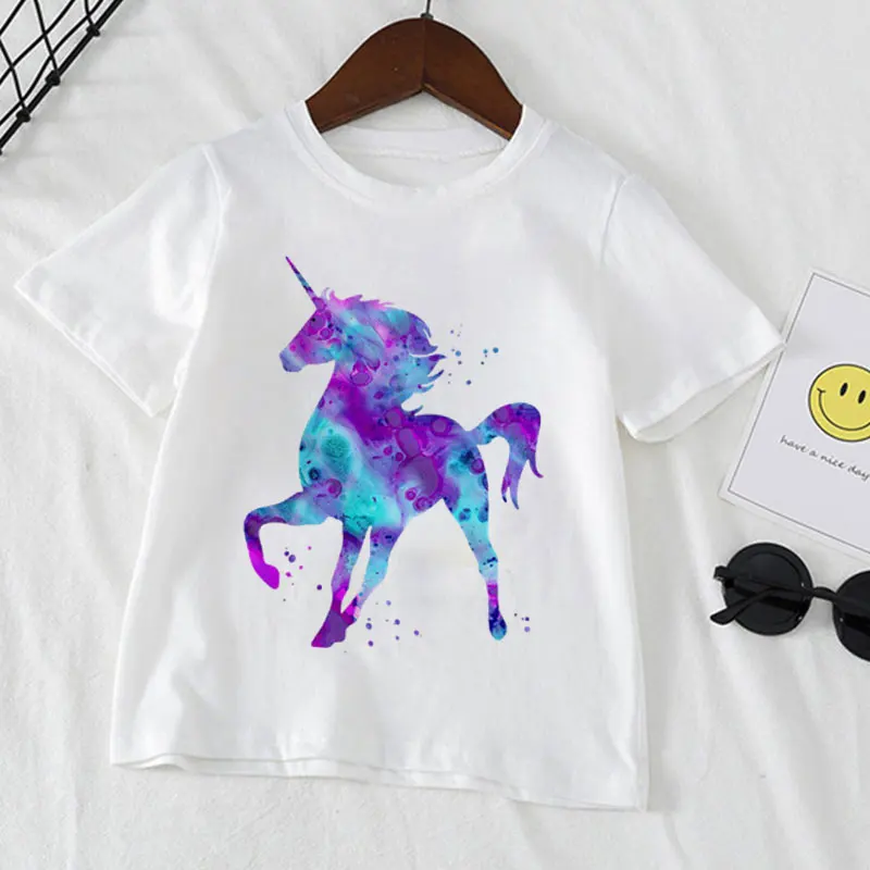 

Unicorn T-shirt Summer Fashion Clothes Girls Clothes Rainbow Horse Boys Clothes Crew Neck Casual Wild White Children's T-shirt