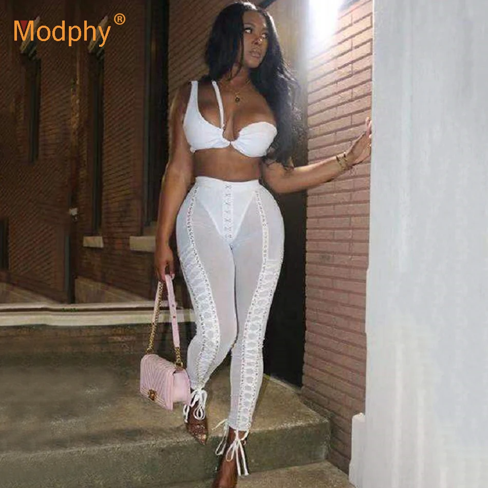 2020 new fashion sexy white womens set one-shoulder top & tpencil trousers 2 two-piece club celebrity party Bodycon pants set