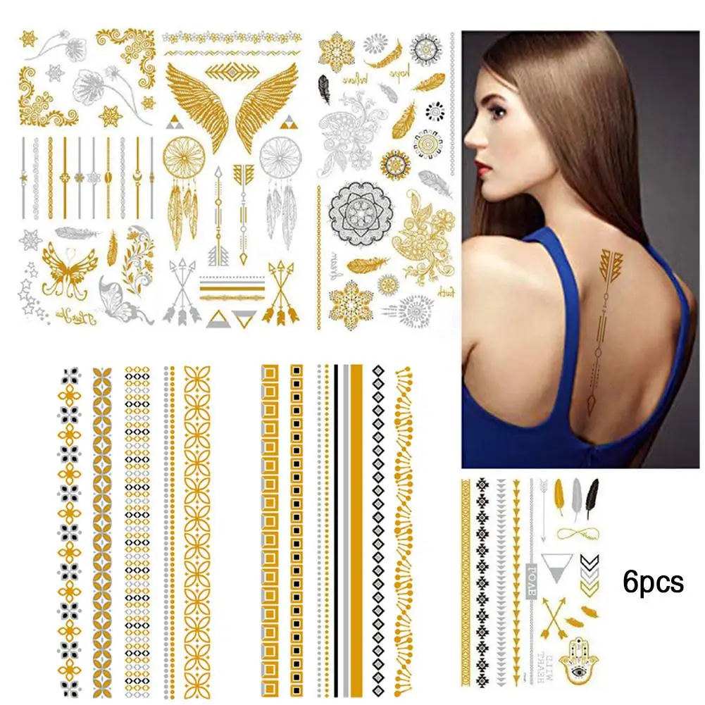 

6 Pcs Temporary Tattoos Metallic Tattoos Gold And Silver Temporary Tattoos Tattoos Stickers