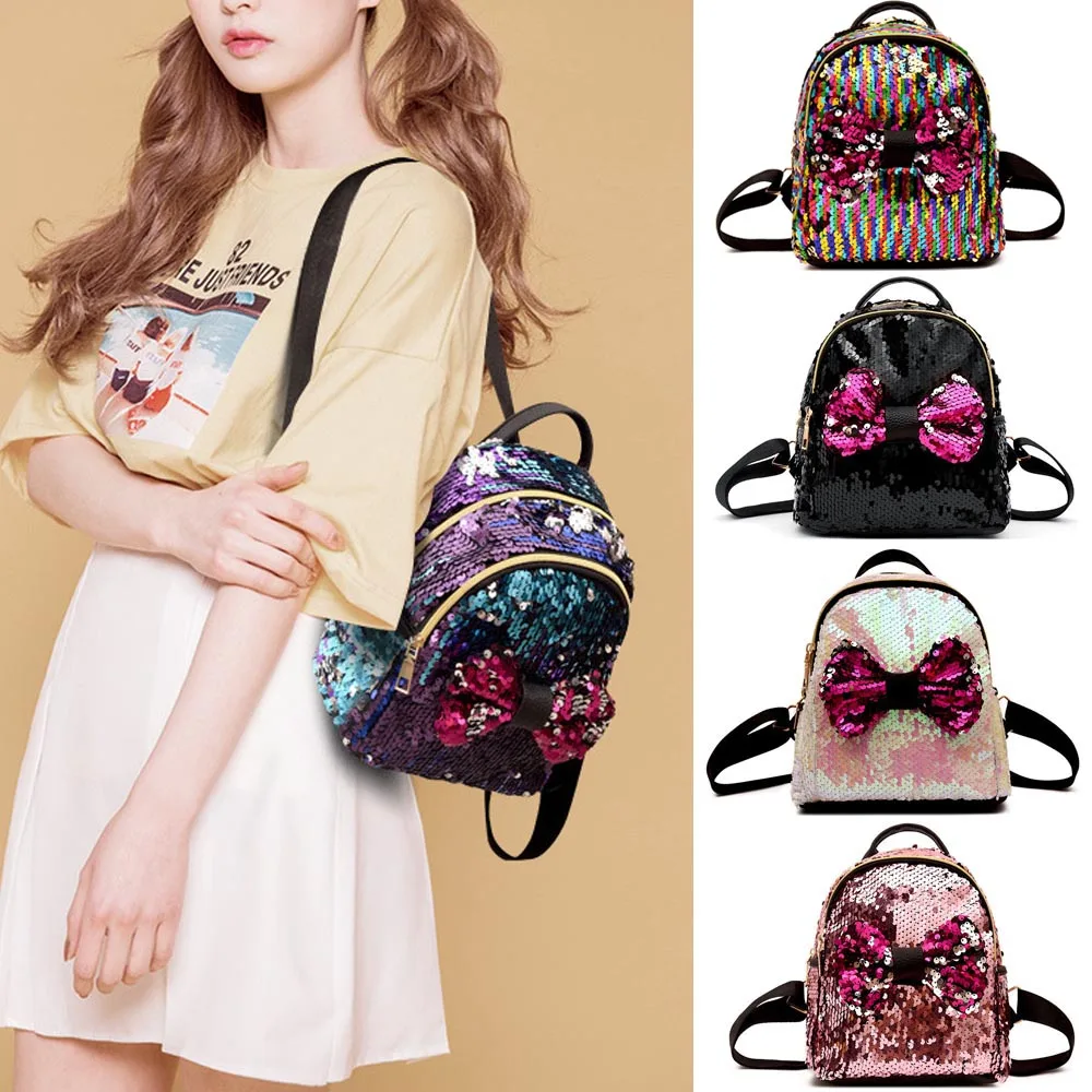 Модный женский рюкзак с бантом, дорожная сумка через плечо, Дамский мини-рюкзак-кошелек, ранец, яркий рюкзак с блестками и бантом