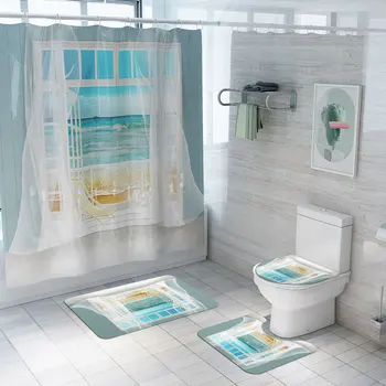 

polyester fabric bath screen sets with bath mat 3pcs rug seascape pattern shower curtains for bathroom cortinas de bano DW039