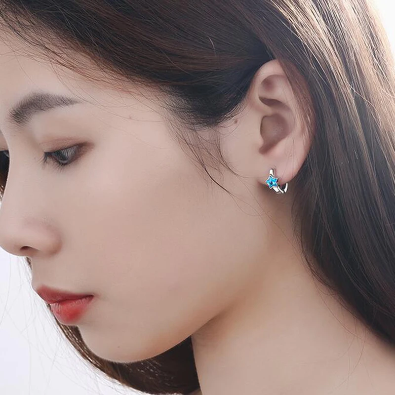 Новые эффектные синие геометрические звезды Кристалл 925 стерлингового серебра для женщин серьги-кольца темперамент проколотое ухо кольца ювелирные изделия