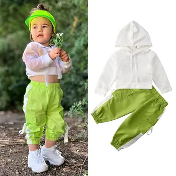 

Summer Toddler Baby Girl Clothes long sleeve white Hooded Crop Tops Net T-shirt green Pants 2 pcs Sportwear Outfit Tracksuit