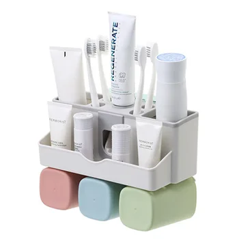 

High-capacity Toothbrush Holder Wash Set Nail-free No Trace With Toothpaste Squeezer Wall Suction Quick Drain Bathroom Organizer