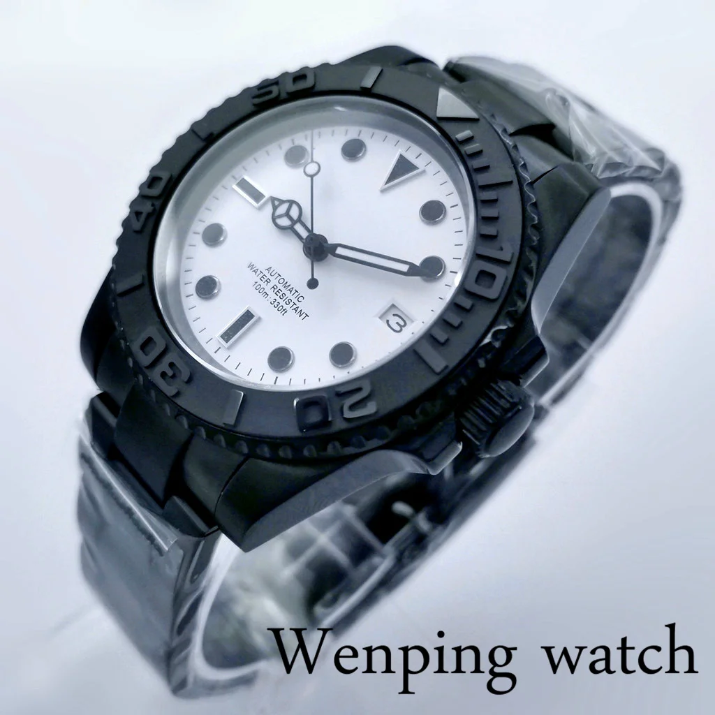 

New 40mm Mechanical Sterile Watch Sapphire Glass White Dial Black Case Ceramic Bezel Date NH35 Movement Automatic