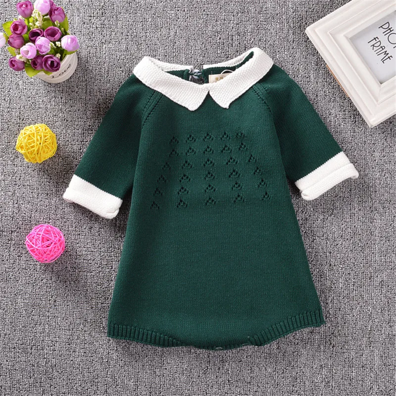 Зима Весна Осень семь рукав новорожденный девочка платье хлопок вязаный комбинезон связанный крючком ребенок детский окмбинезон для малышей свитер платья