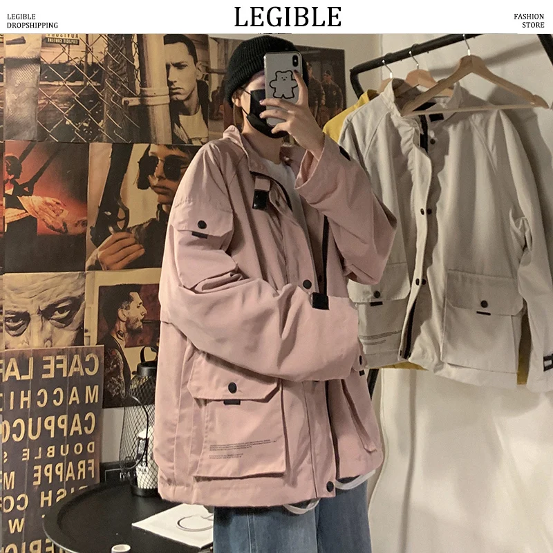 LEGIBLE осенние однотонные мужские куртки с большими карманами, корейские повседневные свободные куртки, мужские ветровки