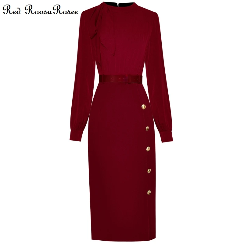 Женское платье-карандаш с круглым вырезом длинным рукавом и разрезом | Женская