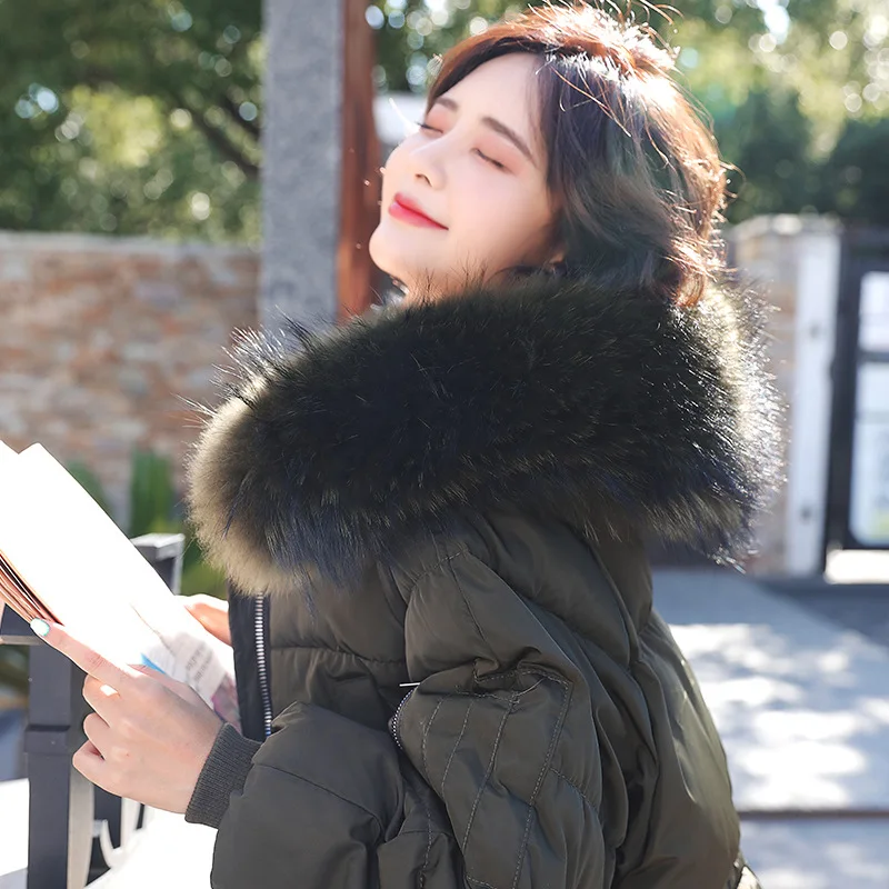 Стиль, средней длины, корейский стиль, Dongdaemun, толстый, большой, меховой воротник, талия, обнимает, выше колена, на шнурке, вниз, перо, Котт