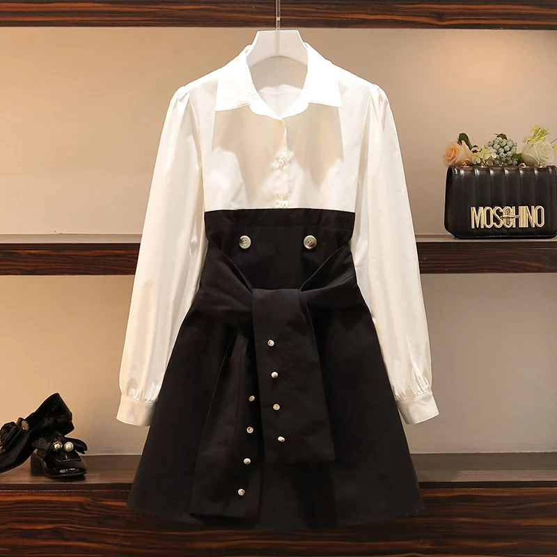 

Plus Size Women Elegant Dress Autjmn 2019 Fashion Long Sleeve Shirt Patchwork High Waist A-Line Lace-up Tunic Dresses L-4XL