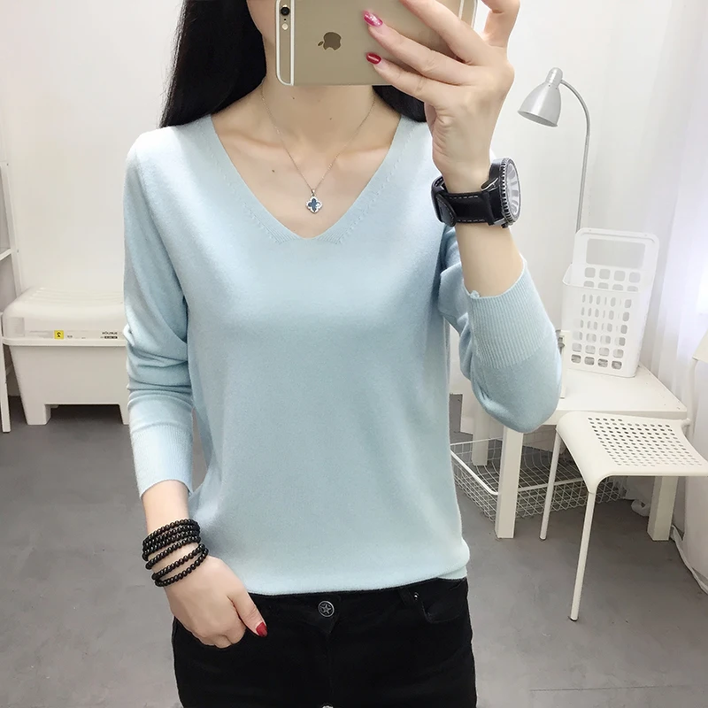 Light blue Женский свитер с v-образным вырезом, высокая эластичность, однотонный, Осень-зима, модный свитер, женский свободный сексуальный вязаный пуловер, черный, белый - Цвет: Light blue