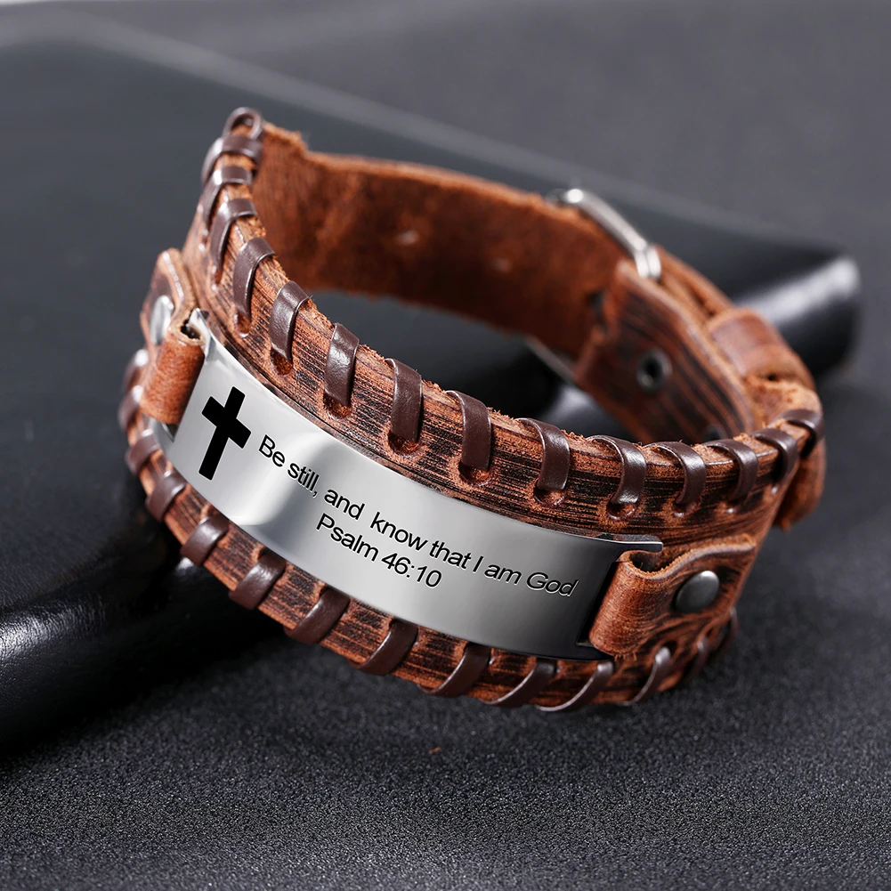 Skyrim религиозный христианский кожаный браслет для мужчин библейские пословицы поговорки из нержавеющей стали крест Шарм Браслет Вера Любовь