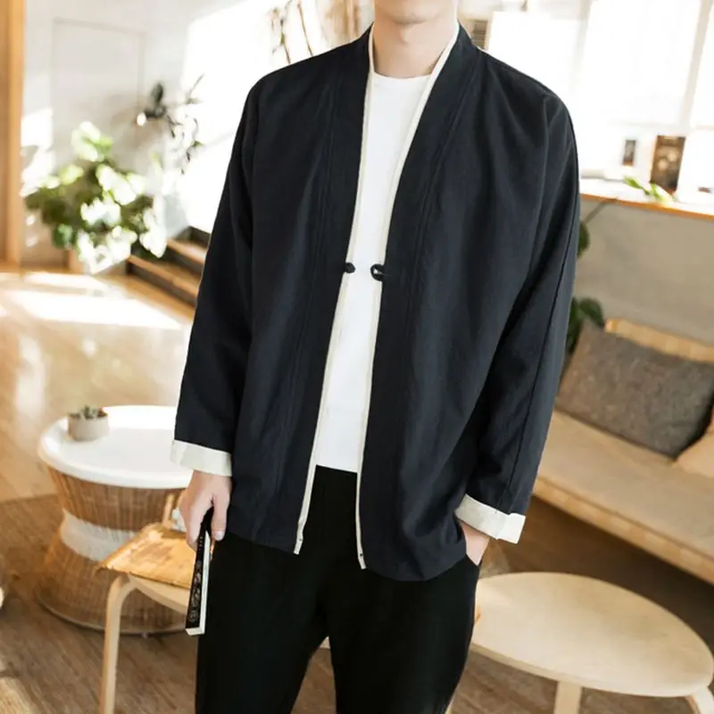 Дропшиппинг хлопок льняная рубашка куртки Мужская китайская уличная кимоно рубашка пальто мужской льняной кардиган куртки пальто размера плюс 5XL - Цвет: Black1