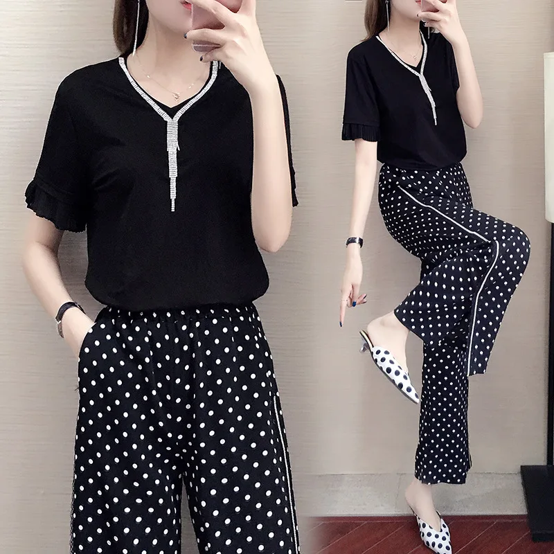 

2019 Summer Wear New Style Korean-style Large Size Fat Mm Plus-sized-Style Tassels Polka Dot Pants Suit