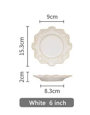 White 6 inch Тарелки Посуда, обеденные тарелки керамическая рельефная фарфоровая десертная тарелка для торта - Цвет: White 6 inch