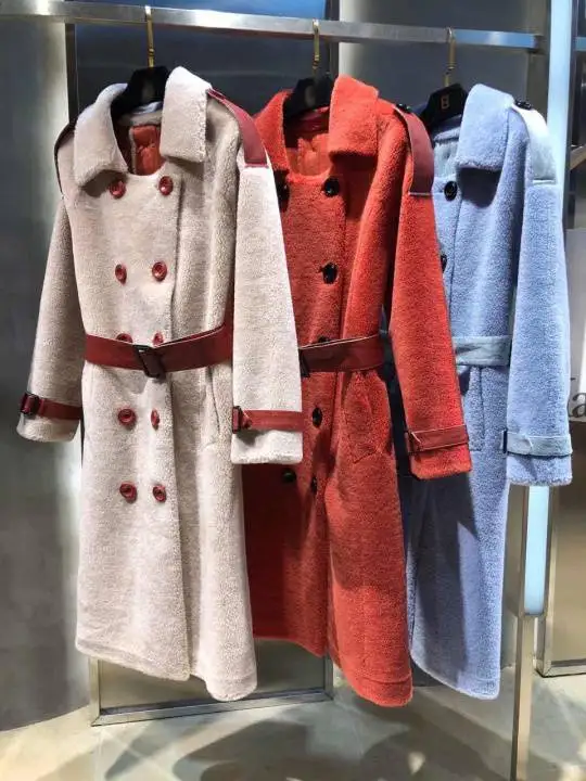 2019 зимнее Новое Модное Элегантное зимнее двубортное длинное женское пальто с поясом три цвета красный синий бежевый