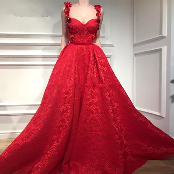 

Red Muslim Evening Dresses Ball Gown Spaghetti Straps Lace Flowers Dubai Saudi Arabic Long Evening Gown