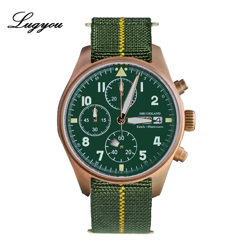 Green Lugyou кварцевые мужские часы хронограф Бронзовый сапфир выпуклый 100 м Водонепроницаемость нейлон эластичный повседневные наручные часы Высокое качество - Цвет: Green