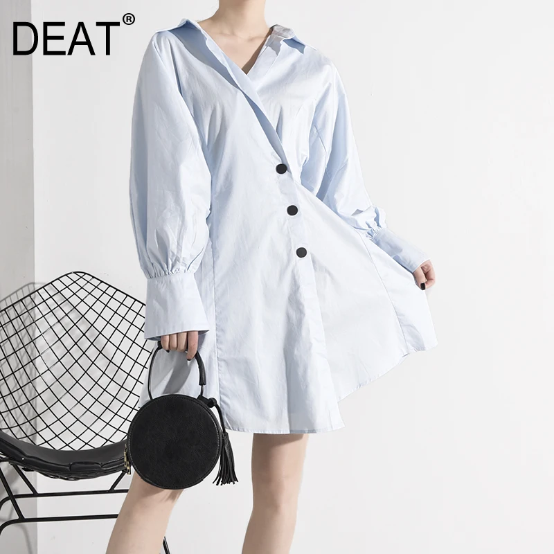 DEAT Women Blue Button Split Temperament Shirt Dress New V-Neck Long Sleeve Loose Fit Fashion Tide Spring Autumn 2020 MG09205 | Женская