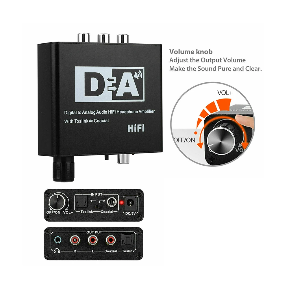 24 Bit Digital to Analog Converter 3 5 Jack RCA DAC Spdif Amplifier Decoder Optical Fiber Coaxial For Headphone With Volume Knob
