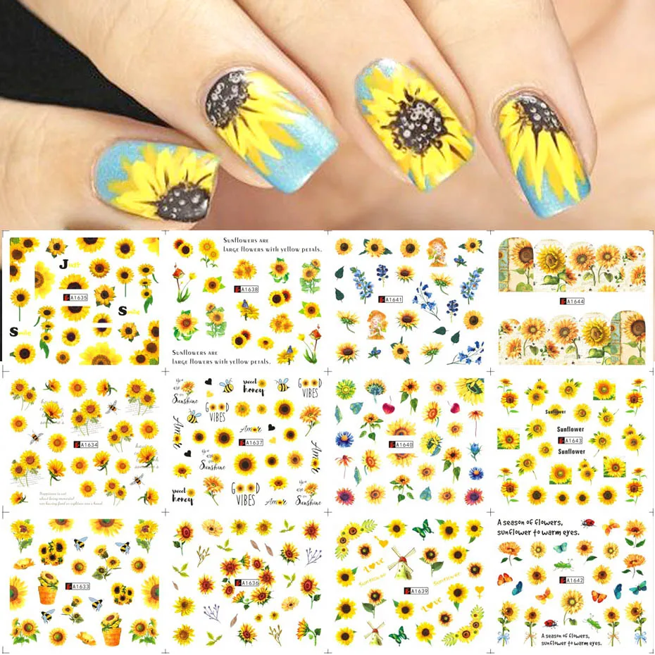 12pcs Sunflower Nail Art Water Stickers Vibrant Girasoles Sliders For Nails Flower Spring Summer Bee Manicure Decor BEA1633-1644 | Красота и