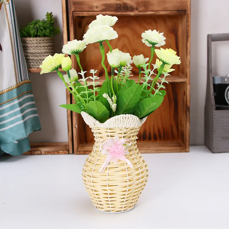 Home Rattan Flower Basket Handmade Plastic Flower Basket Desktop Plum Blossom Mouth Plastic Vase Decoration