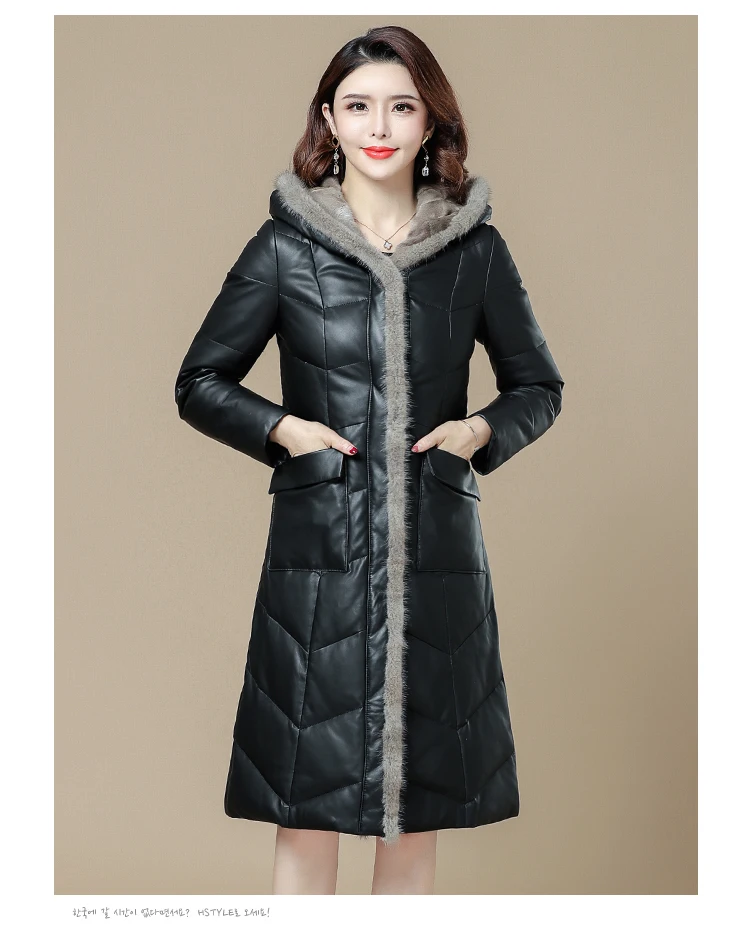 HANZANGL зимнее модное пальто из овечьей кожи, новинка, женский норковый меховой воротник, тонкий кожаный пуховик, длинное пальто, красный/синий/черный