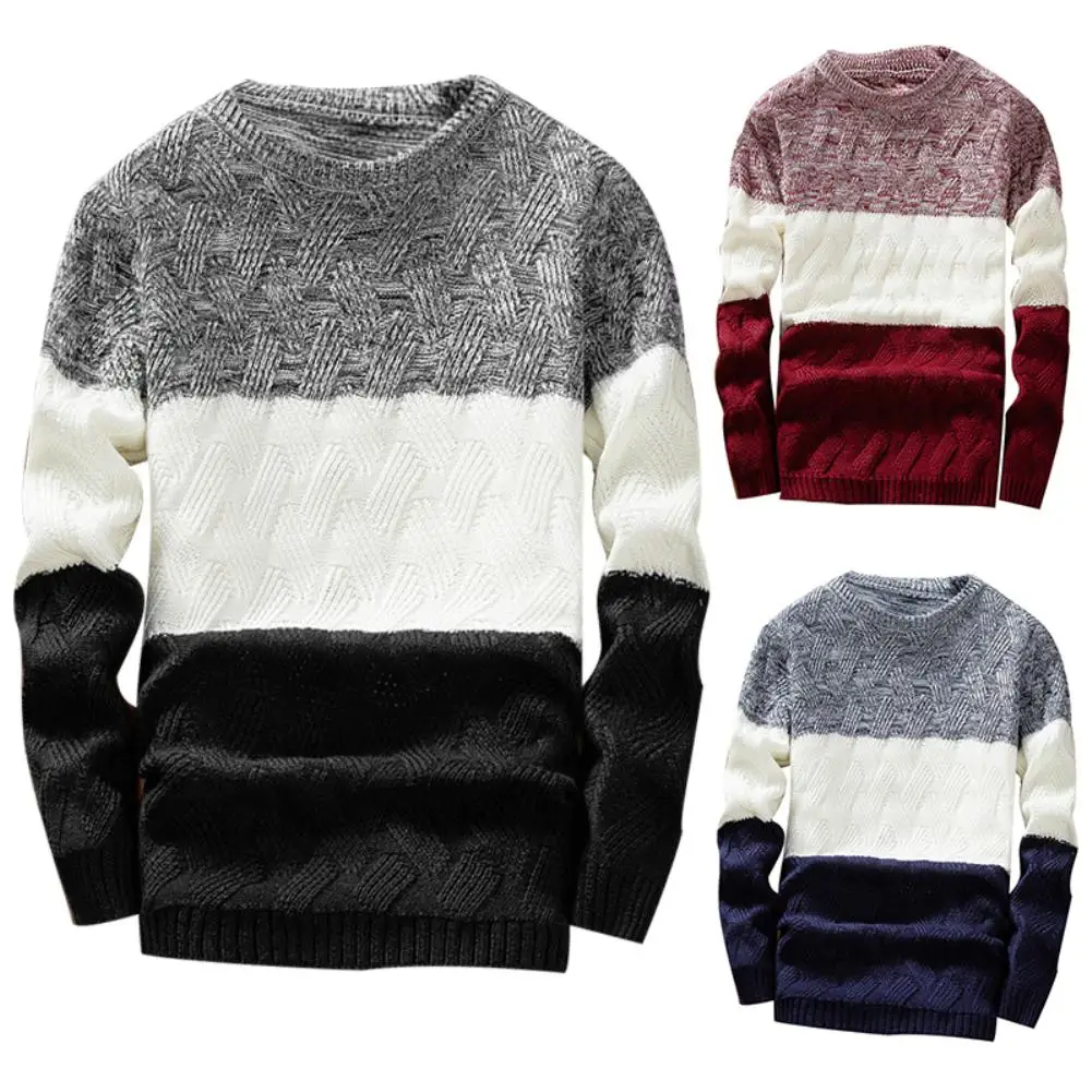 Мужские осенние свитера с круглым вырезом и длинным рукавом, свитер в стиле пэчворк, облегающий вязаный пуловер, свитер на осень и зиму