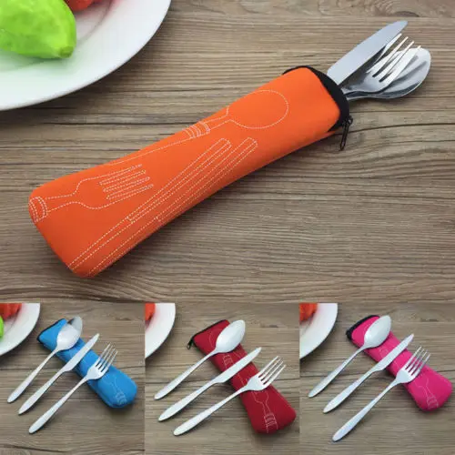 

3pcs Stainless Steel Foldable Camping Spoon And Fork Knife tableware Utensil Set+Bag
