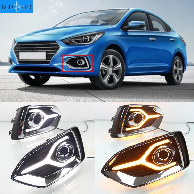 

Дневсветильник ходовые огни для Hyundai Solaris, Accent 2017, 2018, 12 В, светодиодные фары DRL, противотуманные фары с реле сигнала поворота желтого цвета