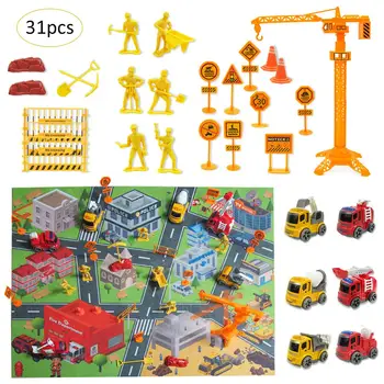 

31PCS Construction Vehicle Fire Truck Playmat Model Engineering Car with Traffic Sign Kids City Rug