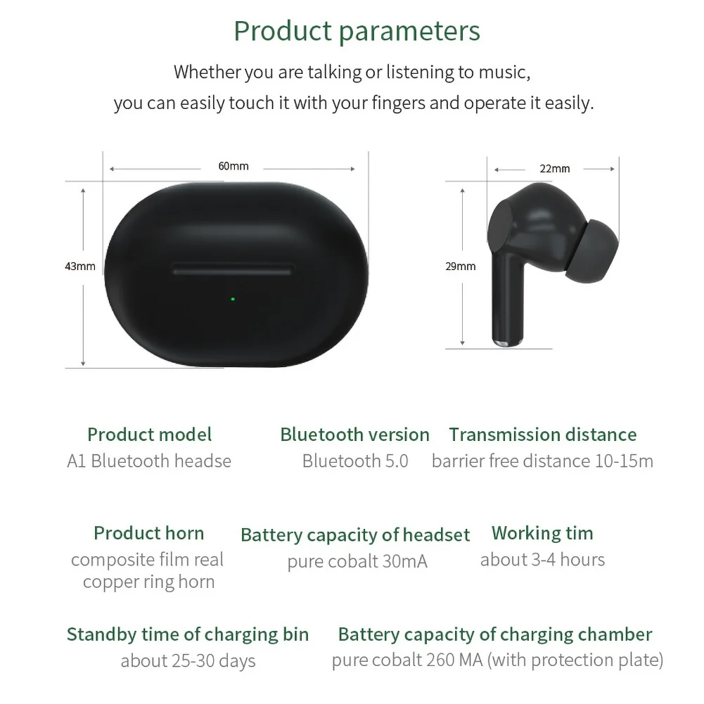 A1 TWS Bluetooth 5 0 Wireless In ear Earphones HiFi Earbuds with Charging Box