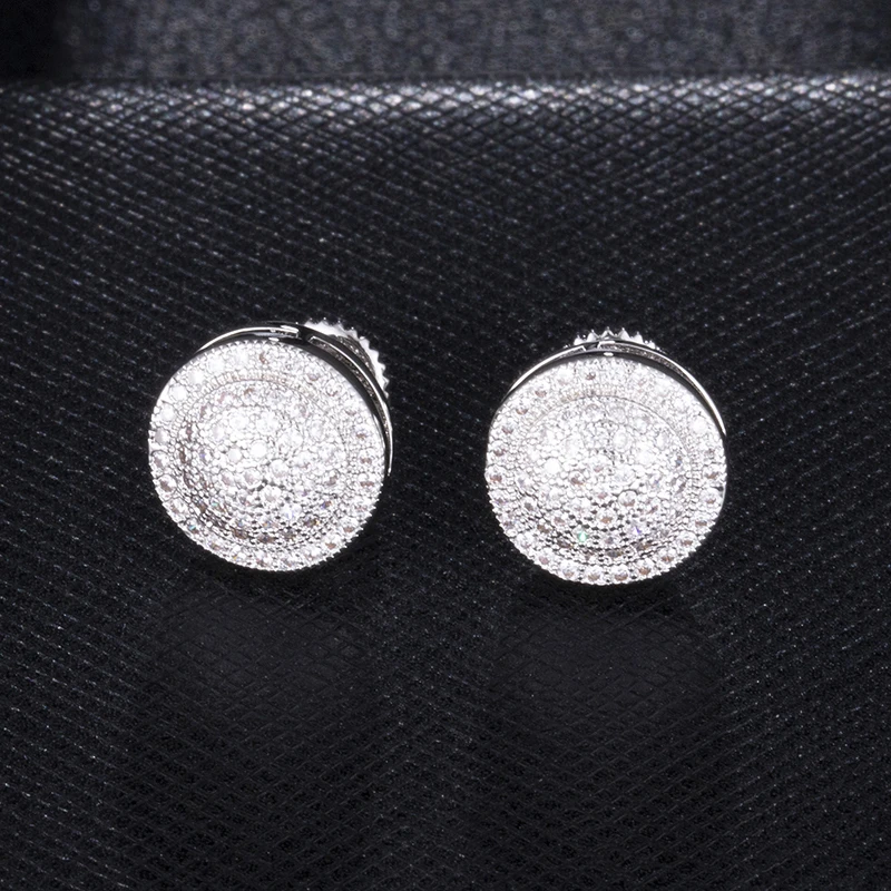 Silver Хип-хоп 1 пара круглые циркониевые микро вымощенные со стразами CZ камень круглые блестящие серьги-гвоздики Медные мужские серьги ювелирные изделия - Окраска металла: Silver