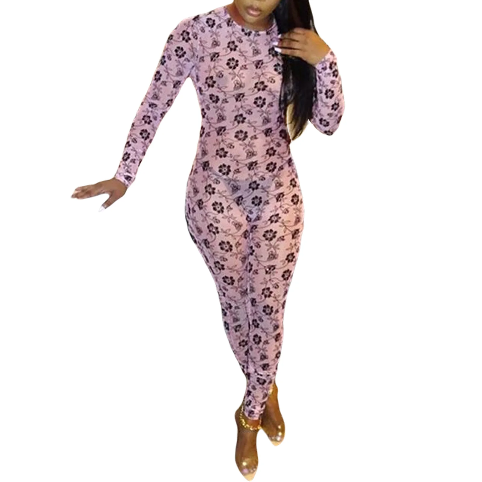 

PD Jumpsuit Floral Print Clothes High Collar Long Sleeve Romper Playsuits for Women Long Sleeve Jumpsuit Sexy Jumpsuits